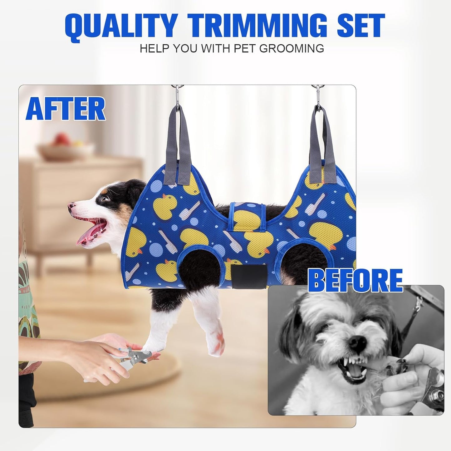 PAWCHIE Dog Grooming Hammock Harness for Dogs & Cats with Pet Nail Clipper Trimmer - Cat Hanger Sling for Trimming Clipping Nails- Dog Hammock Restraint Bag for Small Medium Large Dog, Navy Blue XS