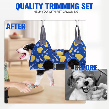 PAWCHIE Dog Grooming Hammock Harness for Dogs & Cats with Pet Nail Clipper Trimmer - Cat Hanger Sling for Trimming Clipping Nails- Dog Hammock Restraint Bag for Small Medium Large Dog, Navy Blue XS