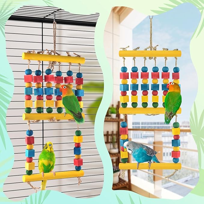 Bird Toys, Parrot Chew Swing Toy with Perches Stand, Hanging Colorful Wood Block Bird Cage Accessories for Small to Medium Quaker African Grey Budgie Cockatiels Amazon Parrots