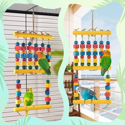 Bird Toys, Parrot Chew Swing Toy with Perches Stand, Hanging Colorful Wood Block Bird Cage Accessories for Small to Medium Quaker African Grey Budgie Cockatiels Amazon Parrots