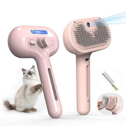 Pet Grooming Brush with Electronic Mist Spray - Gentle Deshedding Tool for Cats & Dogs, Pet Steam Brush，Reduces Shedding, Soft Bristles, Promotes Healthy Coat-Comes with a hair smoothing comb-Red