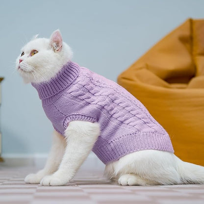 PUPTECK Winter Cat Sweater Coat - Soft Warm Cold Weather Clothes Knitwear for Kittens & Small Dogs Indoor Outdoor Wearing, Knitted Classic for Doggies Kitties Girls Boys, Light Purple, L