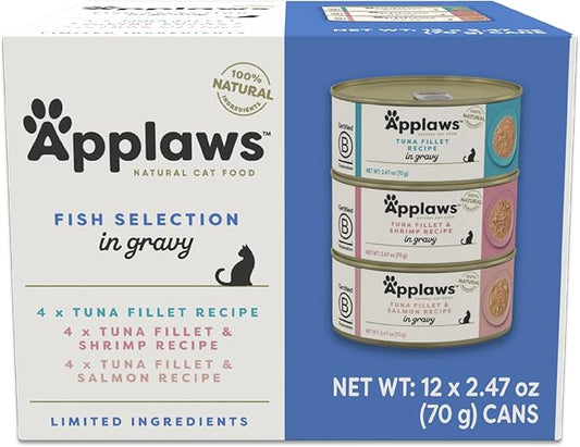 Applaws Natural Wet Cat Food in Gravy, Limited and Natural Ingredients, High Protein with No Artificial Additives, Fish Selection Variety Pack in Gravy (12 x 2.47oz Cans)