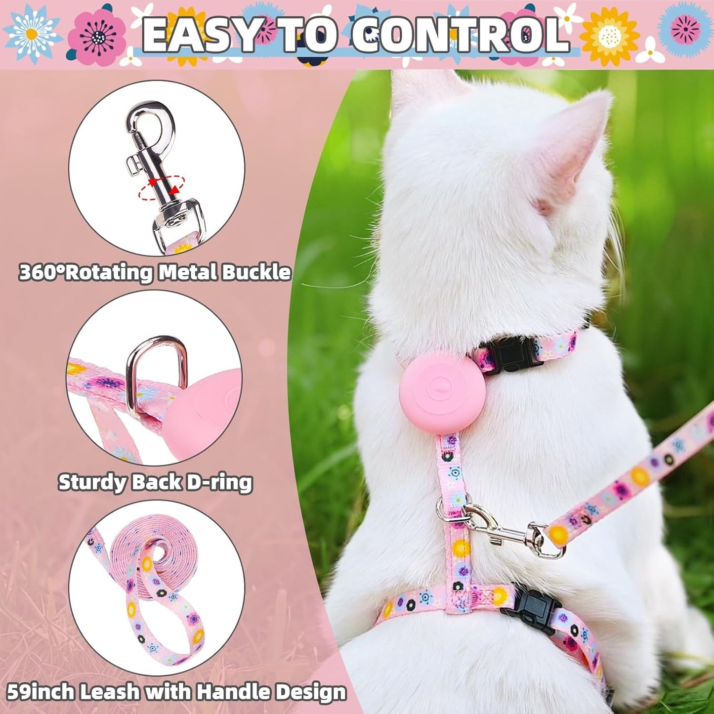PUPTECK Adjustable Cat Harness and Leash Set Escape Proof Kitten Strap Collar for Walking Travel, Floral Pattern
