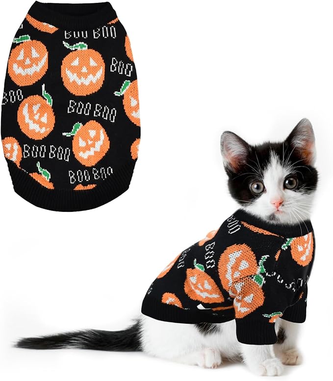 Pet Puppy Dog Halloween Sweater Cat Pumpkin Knitwear Clothes Costume with Cute Boo Pattern Halloween Sweater Coat for Kittens Small Dogs Cats L