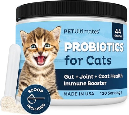Pet Ultimates Probiotics for Cats – 20-Species Cat Probiotic Powder to Treat Diarrhea, Vomiting, Digestive Support & Cat Antibiotics Recovery – Cat Health Supplies (44 gr)