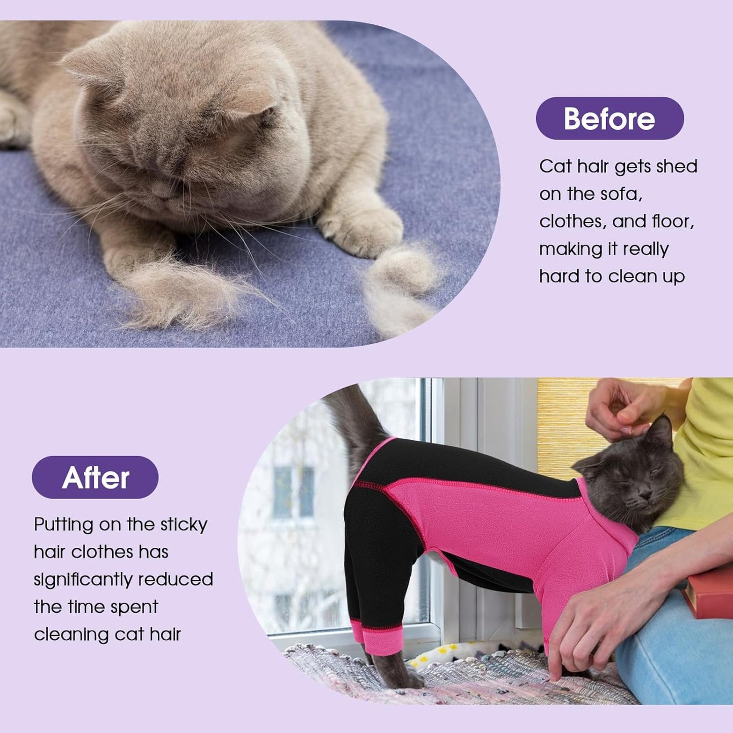 SUNFURA Hair Sticky Cat Clothes, Cat Sweater for Cats Only, 4-Legged Fleece Sweaters Kitten Pajamas Reduce Shedding Fur, Warm Pullover Shirts for Cats, Pink L