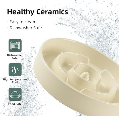 Ceramic 3.2 Cup Raised Slow Feeder Dog Bowl Set, Elevated Bowl with Wooden Stand for Large Dog, 9.5inch Puzzle Slow Pet Food Dish, Anti-Gulping(Beige, Single Bowl+ Stand)