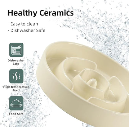 7.3inch Ceramic Raised Slow Feeder Dog Bowl Set, Elevated Wooden Stand for Medium and Small Dog, Puzzle Slow Dish, Anti-Gulping(Beige, Single Bowl+ Stand)