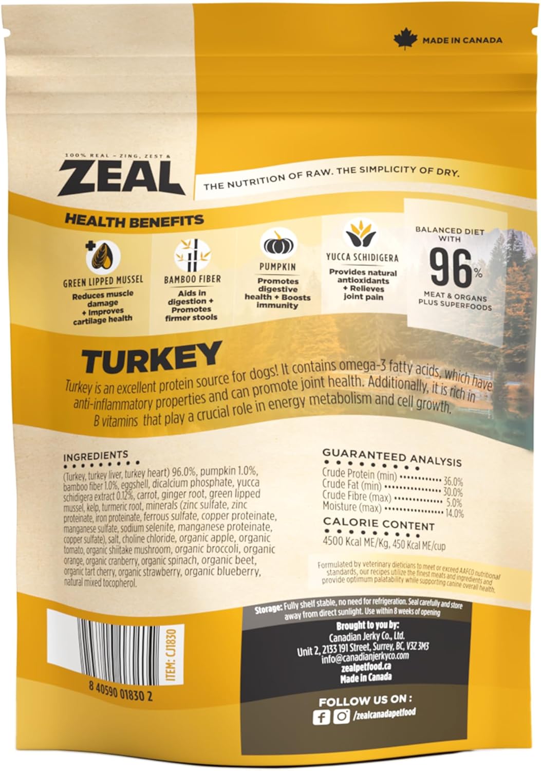 ZEAL Canada Air-Dried Turkey Recipe for Dogs - High Protein, Natural Superfoods, Nutrient Rich, No Fillers, Grain Free, Complete & Balanced (Turkey, 5 oz)