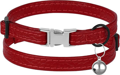 Leather Cat Collar with Buckle and Removable Bell - Non Breakaway Adjustable Soft Safety Small Pet Collars for Girl Boy Cats Kitten (Red)