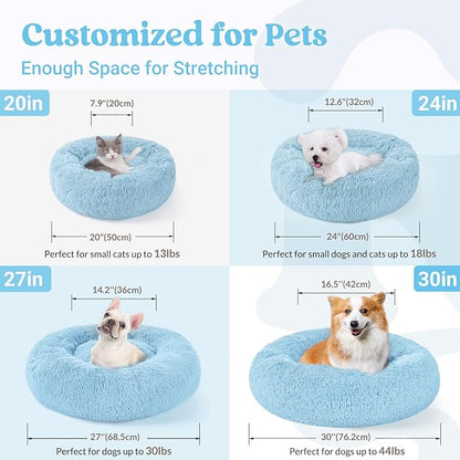 rabbitgoo Cat Beds for Indoor Cats, 20 inches Cat Bed Machine Washable, Fluffy Round Pet Bed Non-Slip, Calming Soft Plush Donut Cuddler Cushion Self Warming for Small Dogs Kittens, Light Blue, Medium