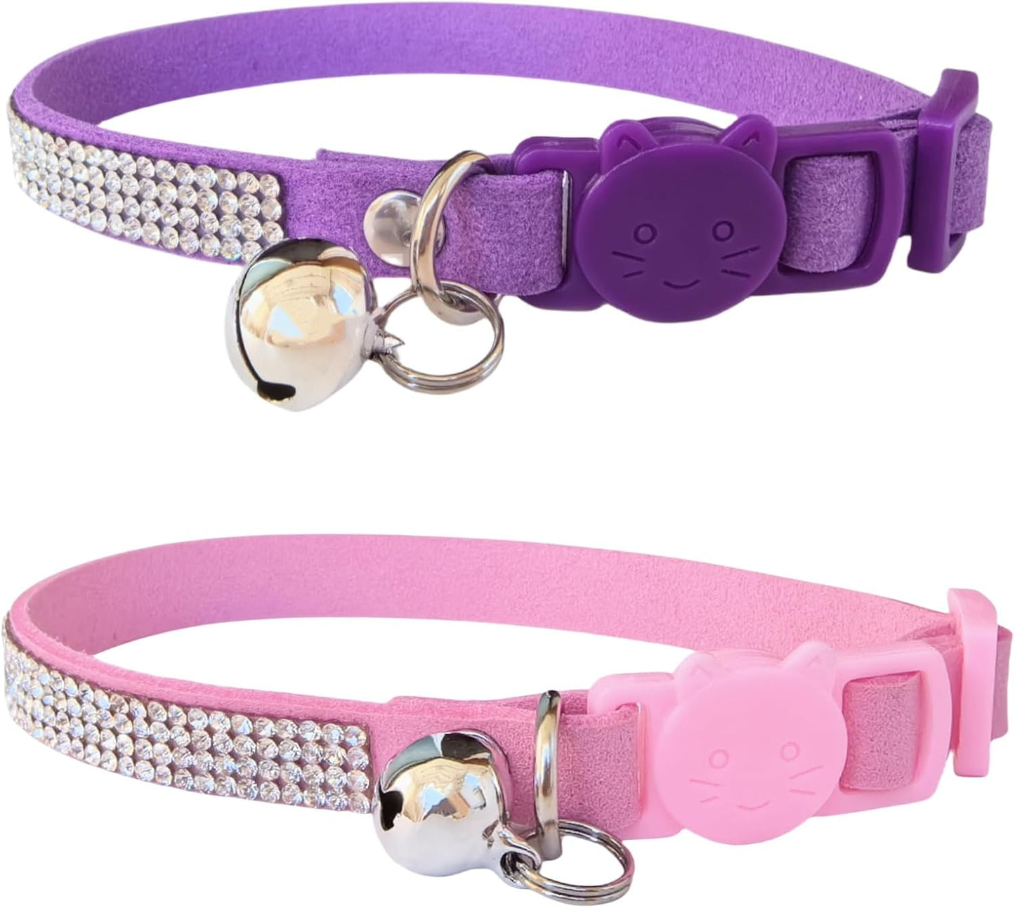 Pack of 2 Rhinestone Cat Collar Breakaway Safety Buckle with Bell, Adjustable Diamond Girl Boy Kitty Cute Comfy Collar for Kitten Small Pets Rabbits, 7.5"-11"