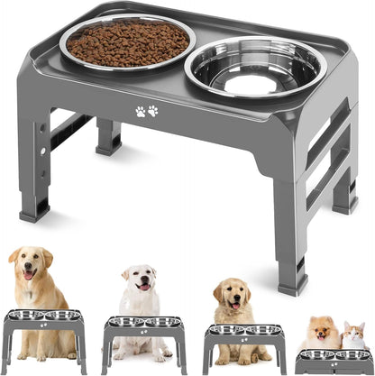 Elevated Bowls, 4 Height Adjustable Raised Stand With 2 Thick 50oz Stainless Steel Food Bowls, Non-Slip Feeder for Large Medium Dogs, Adjusts to 3.7", 9.2", 10.75", 12.36" Grey