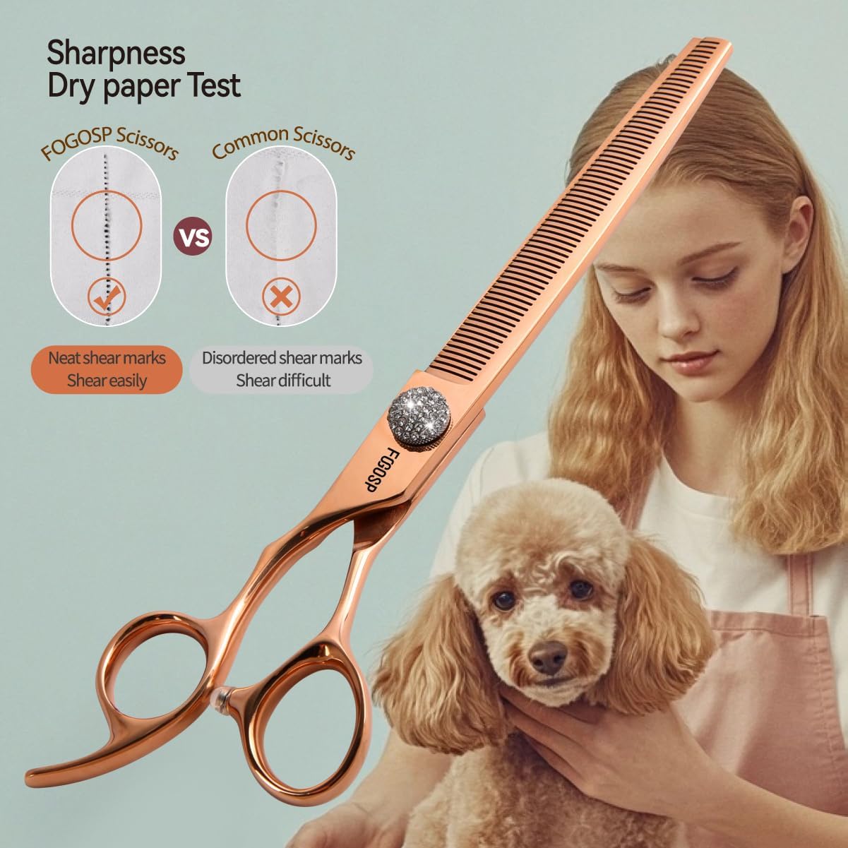 Lefty Thinning Shears for Dogs 66 Teeth 7.5'' Rose Gold Titanium Professional Blending Thinner Scissors for Dog Large Poodle Pet Japan 440C Sharp Left Handed(7.5,Thinner)