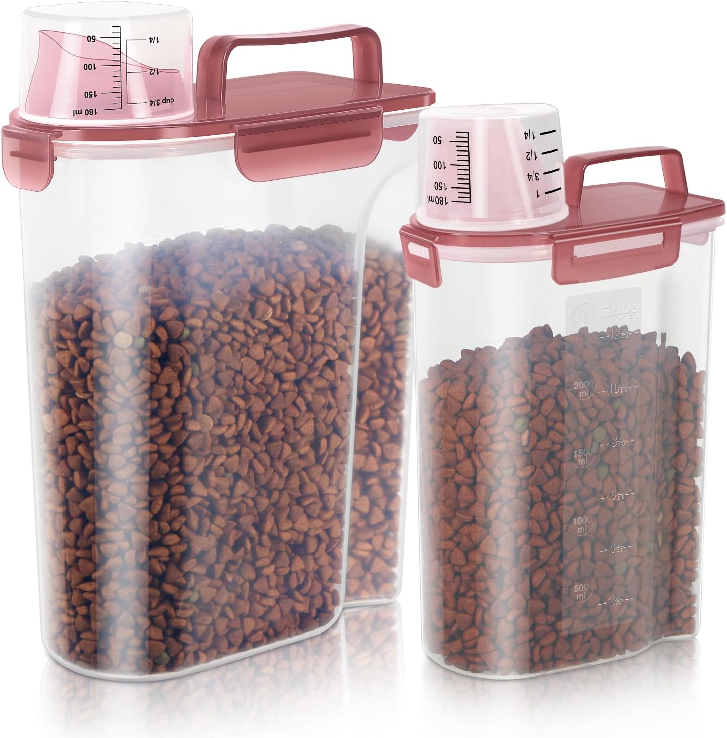 2Pack Cat Dog Food Storage Container with Upgraded Large Nozzle BPA-free, 3+5lbs Plastic Pet Food Containers with 4 Sealed Clasps/1 Measuring Cup/Handle Easy to Clean and Carry (Clear Pink)