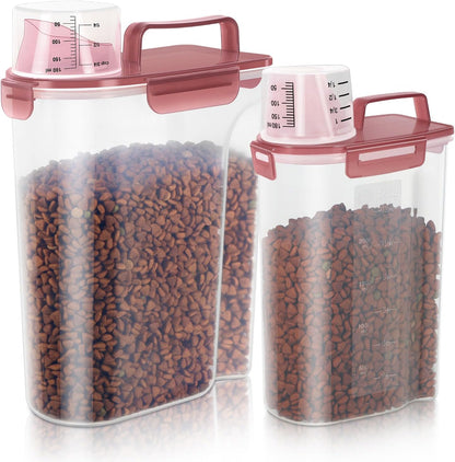2Pack Cat Dog Food Storage Container with Upgraded Large Nozzle BPA-free, 3+5lbs Plastic Pet Food Containers with 4 Sealed Clasps/1 Measuring Cup/Handle Easy to Clean and Carry (Clear Pink)