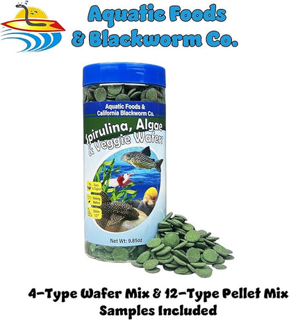 Aquatic Foods Inc. 12mm - 1/2" Small Sinking Wafers of Spirulina, Algae & Veggies for Plecos, Catfish, Shrimp, Snails, Crayfish, 12-Type Pellet Mix & 4-Type Wafer Mix Included 9.85oz Canister