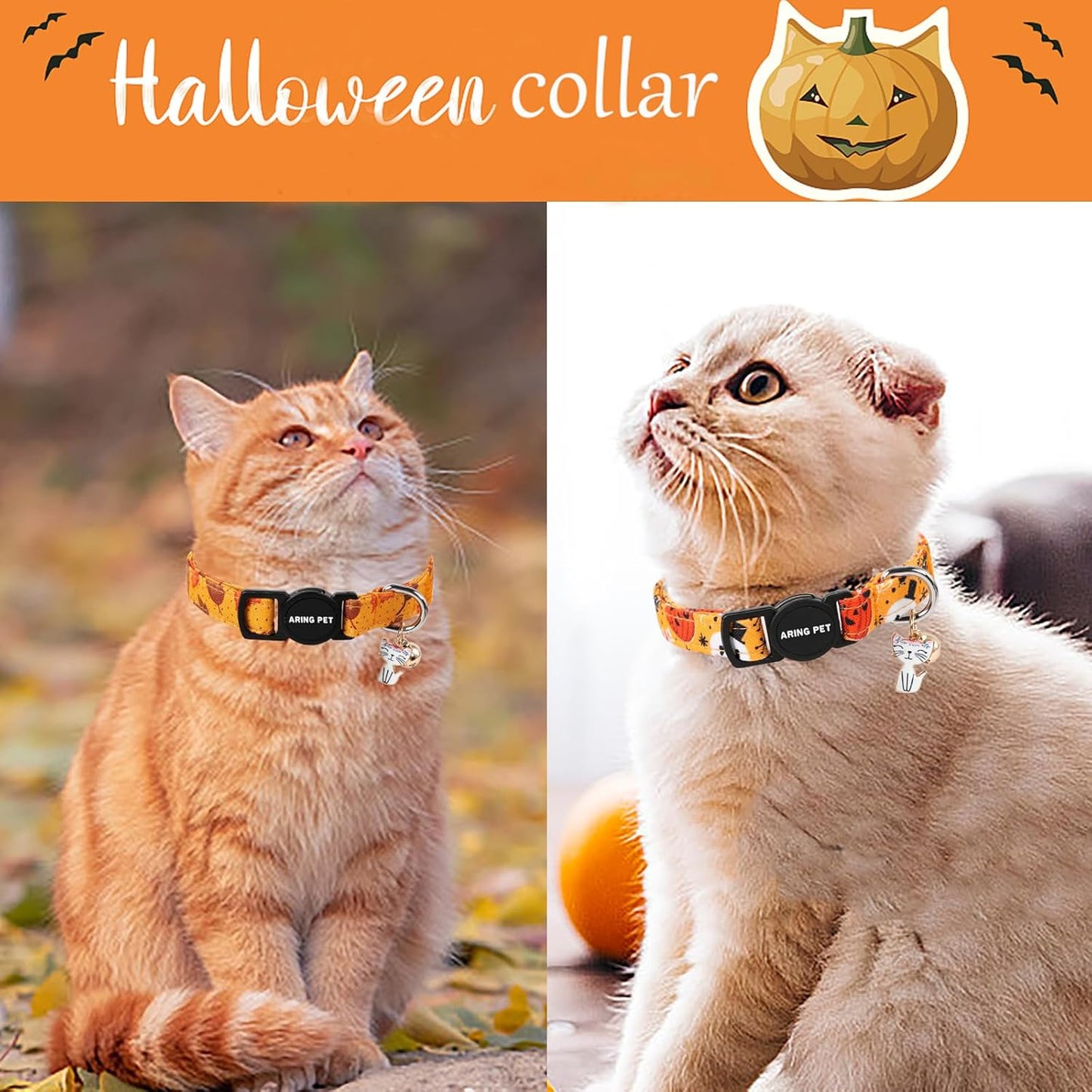 ARING PET 2 Pack Fall Cat Collars-Cute Breakaway Cat Collar with Bell & Pendant, Adjustable Fall&Halloween Kitten Collars with Safety Buckle for Girl and Boy Cats