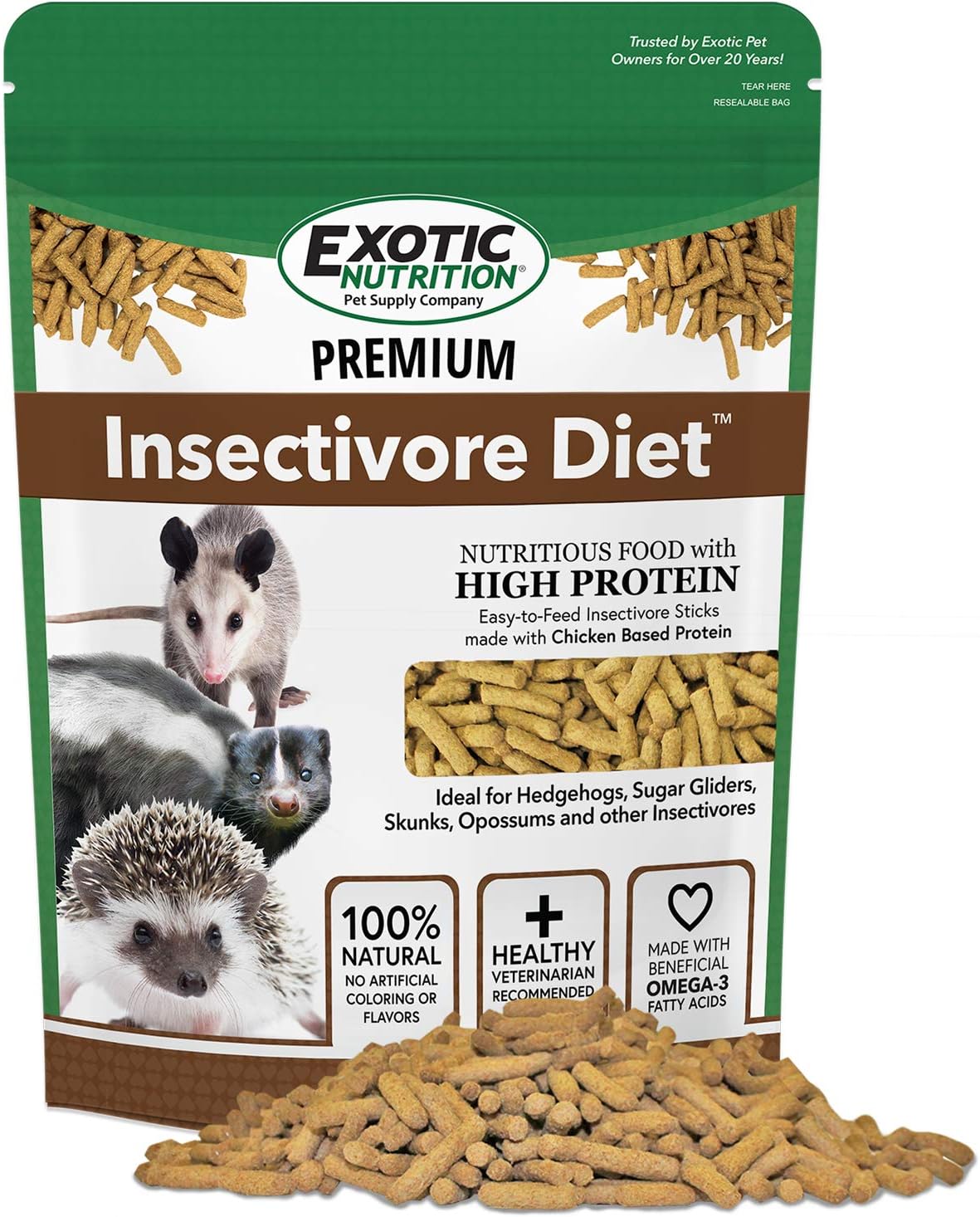 Premium Insectivore Diet (2.5 lb.) - Healthy Nutritious Chicken Based High Protein Pellet Diet - for Sugar Gliders, Hedgehogs, Opossums, Skunks & Other Insectivores