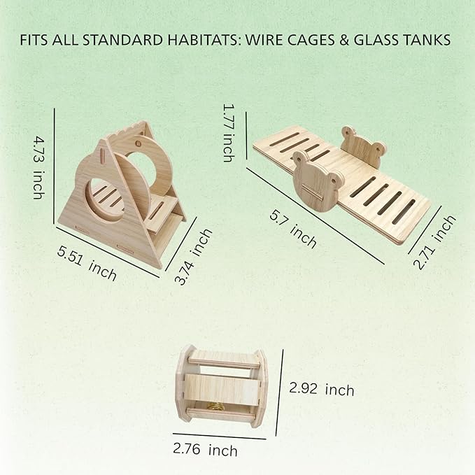Poplar Wood Hamster Toys Set: Triangle Swing, Frog Seesaw & Bell Roller - Chewable Cage Decor for Dwarf/Syrian Hamsters, Gerbils, Mice (秋千、响铃、跷跷板、)