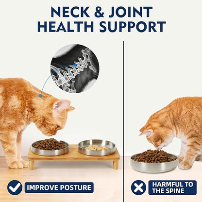 Elevated Cat Bowls for Indoor Cats – Raised Bamboo Cat Food Table with 2 Stainless Steel Dishes, Adjustable Height (4.25"/3.07"), Set of 1