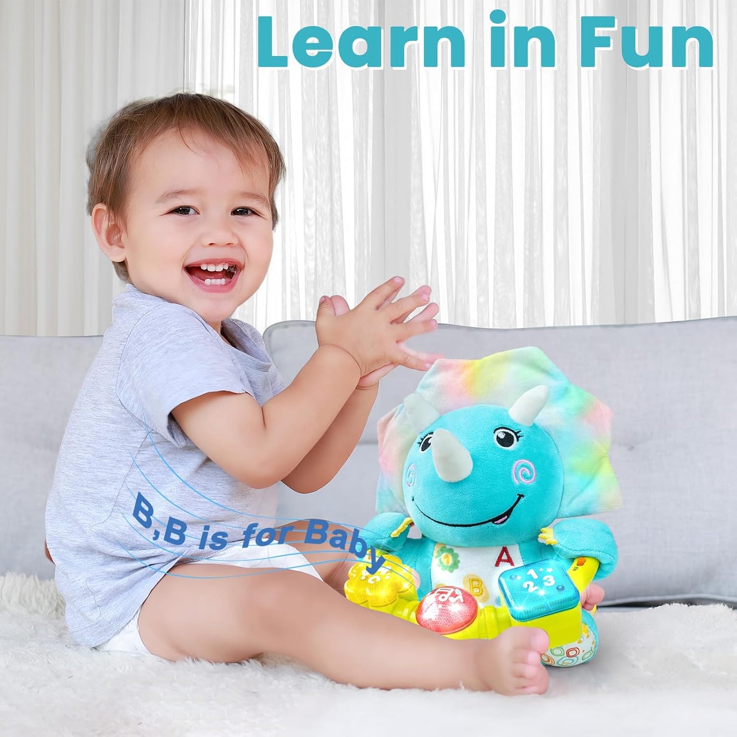 Baby Dino Musical Stuffed Animals Toy with Light-Up Music & Crinkle Sound Paper,Infant Bilingual Early Learning Education Toys,Tummy Time Toys for 0-3-6-12+ Months Boy Girl