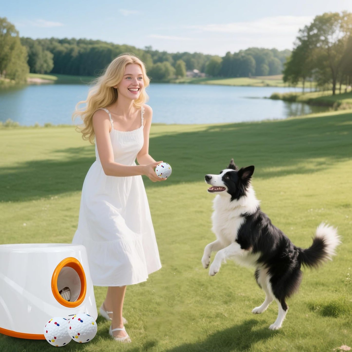 Automatic Ball Launcher for Dogs with 6pcs 2.3 Inch Etpu Tennis Balls,Thrower Distance 20-45ft,interacive Dog Toys for Indoor/Outdoor for Small Or Medium Dogs (White) (Orange)