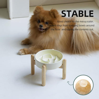 Ceramic 0.9 Cup Raised Dog Slow Feeder Set, Elevated Bowl with Wooden Stand for Small Dog and Cat, 6.1inch Puzzle Slow Dog Food Dish, Anti-Gulping(Beige, Single Bowl+ Stand)