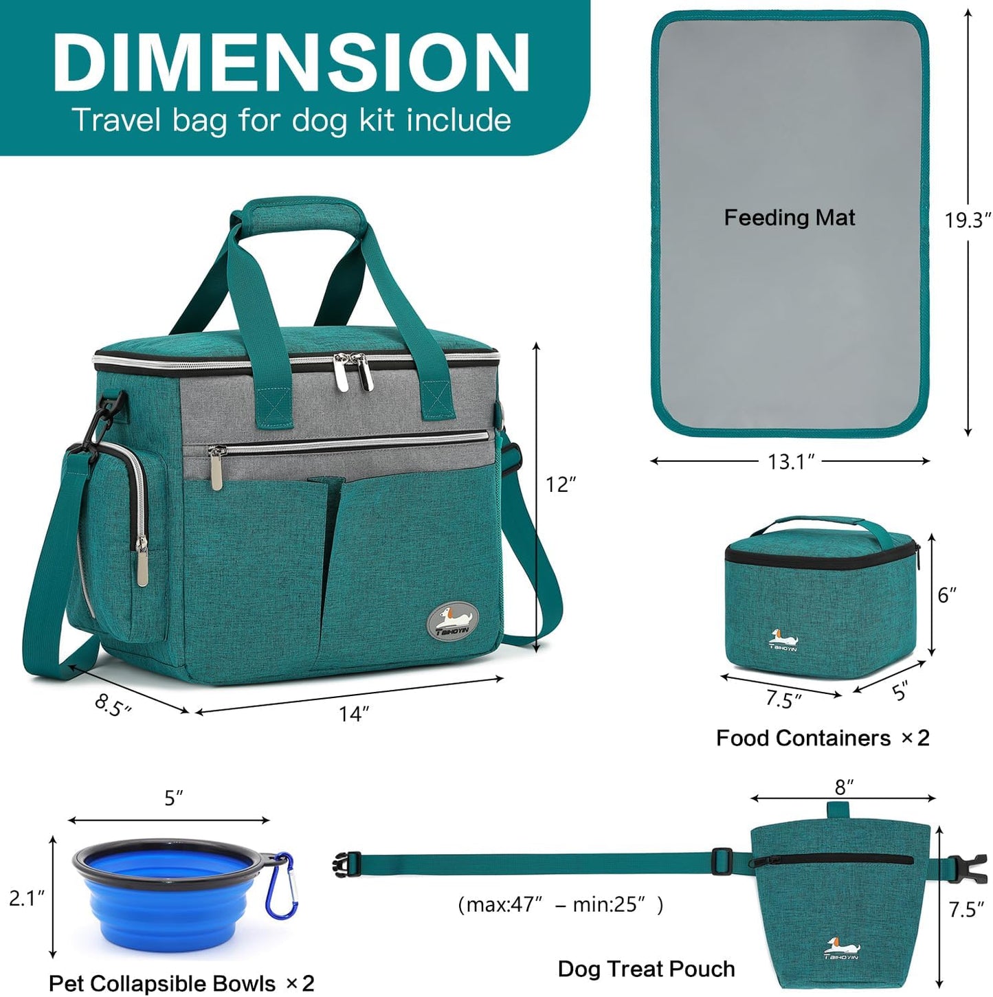 Dog Travel Bag for Pet Kit for Supplies with 2 Food Storage Containers 2 Collapsible Bowls 1 Feeding Mat 1 Dog Treat Pouch 7-Piece Set Perfect Road Trips Camping Weekend or Doggy Gift, Teal