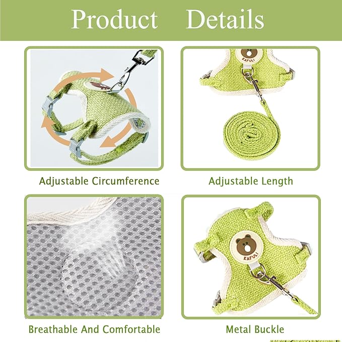 Rabbit Harness and Leash Set 2 Pieces Adjustable Bunny Harness Leash Ferret Harness Guinea Pig Harness Ferret Leash for Small Pets Walking Outdoor (Green, Small)