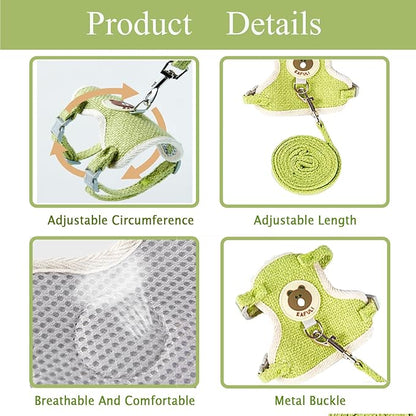 Rabbit Harness and Leash Set 2 Pieces Adjustable Bunny Harness Leash Ferret Harness Guinea Pig Harness Ferret Leash for Small Pets Walking Outdoor (Green, Small)