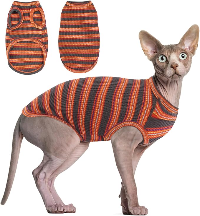 BRKURLEG Sphynx Hairless Cats Shirt Puppy Clothes Soft Cotton T-Shirts Cute Cats Pajamas Cat Stripes Vest Pet Sweater, Round Collar Vest Kitten Shirts(Red Stripes, L)