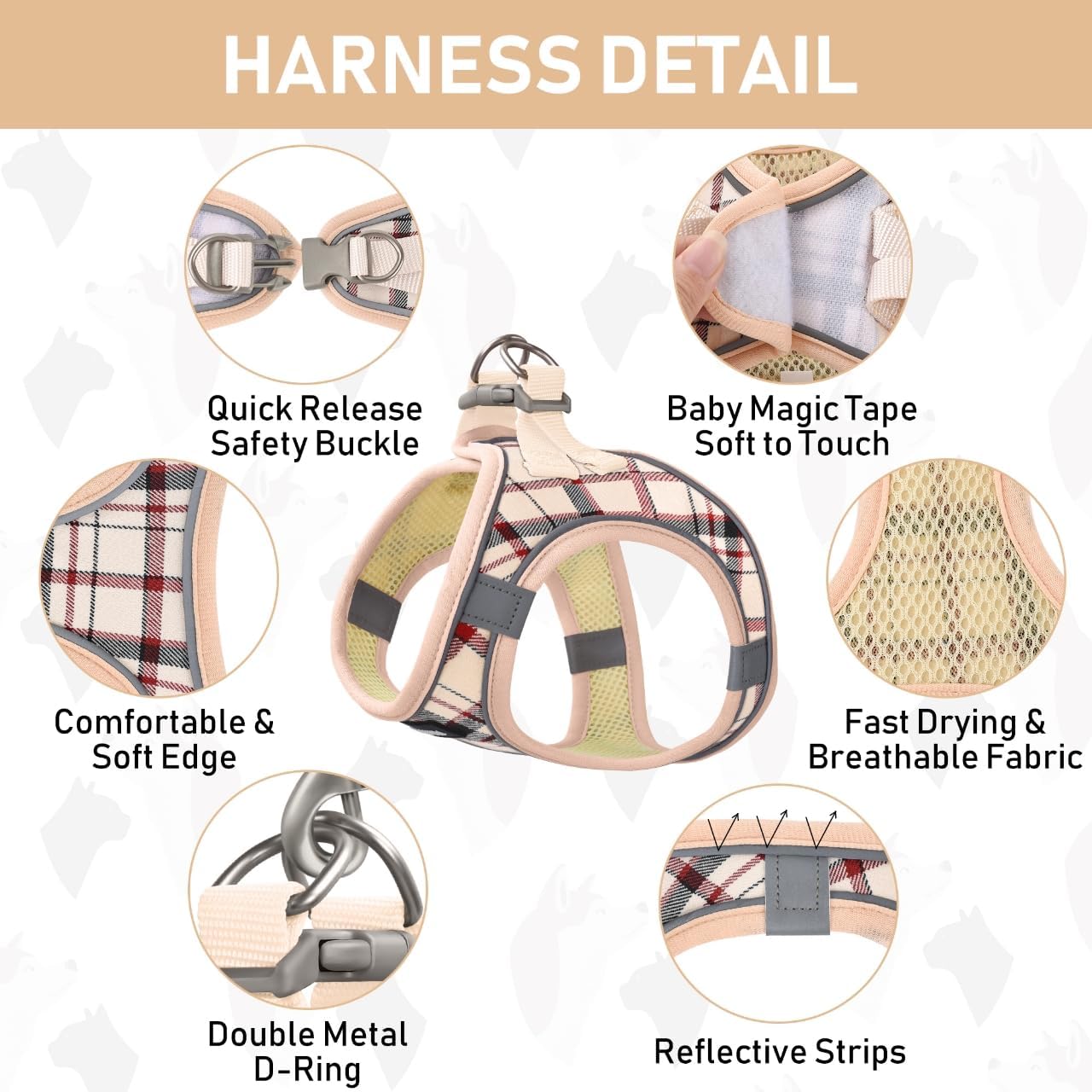 GAMUDA Small Dog Harness Collar and Leash Set, Step in No Chock No Pull Soft Mesh Adjustable Dog Vest Harnesses Plaid Reflective for Dogs Puppy Cats Kitten Rabbit (Beige, XL)