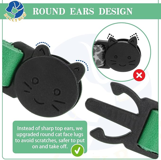 Leather Personalized Breakaway Cat Collar with Studded Bell and Safety Quick Release Buckle - Rivets Studded ID DIY Collars for Boy Girl Cats Kittens, 9" - 11.5" Green