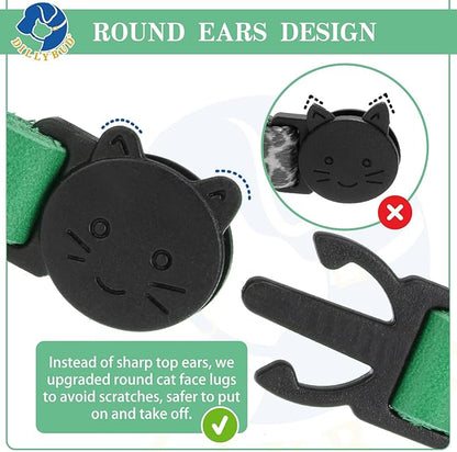 Leather Personalized Breakaway Cat Collar with Studded Bell and Safety Quick Release Buckle - Rivets Studded ID DIY Collars for Boy Girl Cats Kittens, 9" - 11.5" Green