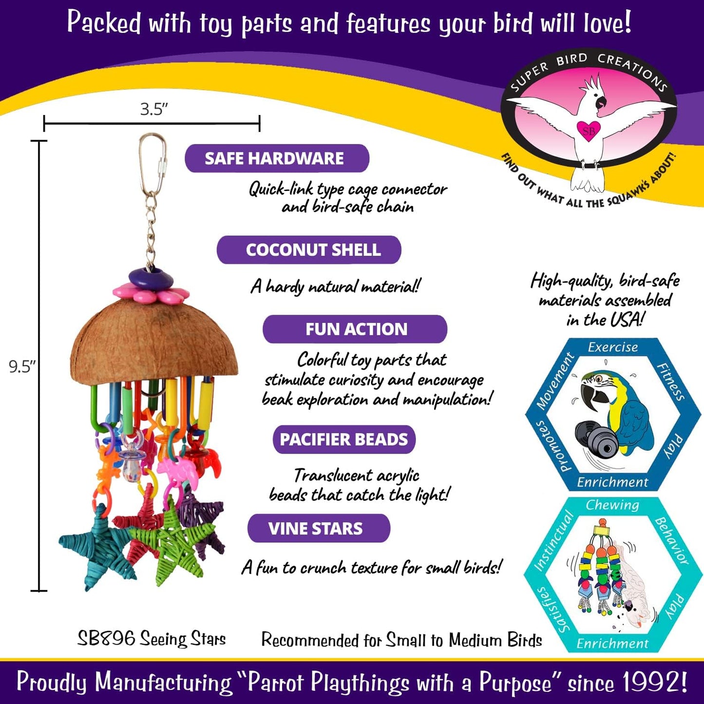 Super Bird Creations SB896 Seeing Stars Bird Toy - Interactive Foraging Toy, Ideal for Parrotlets, Parakeets, Cockatiels, Stimulates Mental and Physical Activity - Small/Medium Bird Size, 9.5" x 3.5"