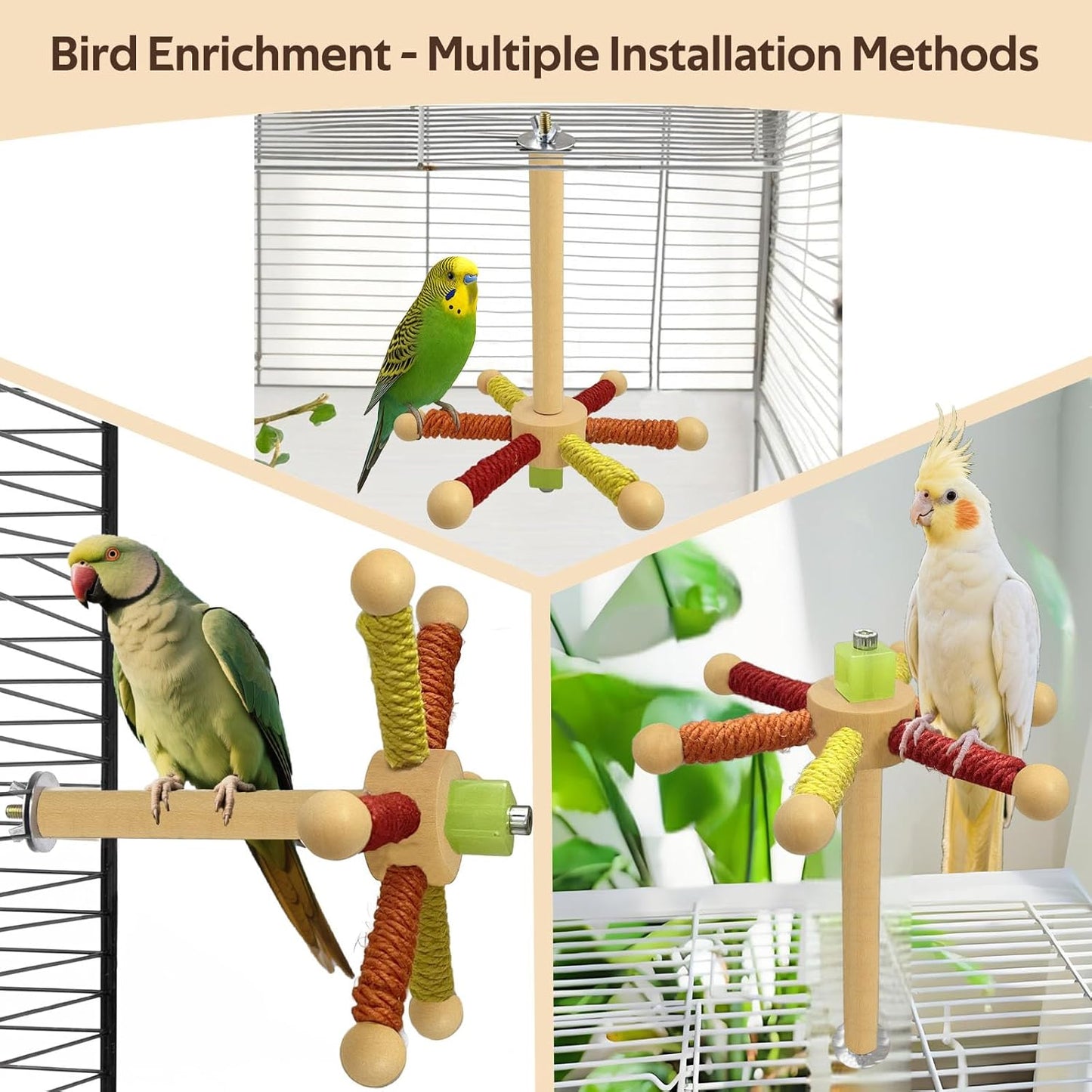 Rotating Bird Perch Toy – Fun Spinning Cage Stand for Parakeets, Budgies, Lovebird, Cockatiels, Conure, Finches & Quaker – for Small-Medium Birds to Relieve Boredom & Encourage Play (Yellow)