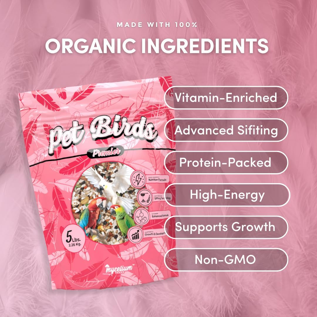Mycelium Organic Pet Bird Premier Bird Seed (5 LBS) | Premium Food for Parrots, Cockatoos, & Large Birds | High-Protein, Vitamin-Fortified, Growth & Development Support | USA Made, Non-GMO