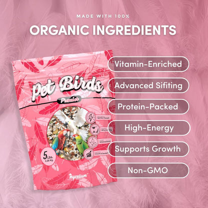 Mycelium Organic Pet Bird Premier Bird Seed (5 LBS) | Premium Food for Parrots, Cockatoos, & Large Birds | High-Protein, Vitamin-Fortified, Growth & Development Support | USA Made, Non-GMO