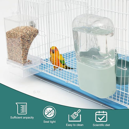 No Mess Bird Feeder Water Dispenser Set, Automatic Parrot Feeder Drinker Cage Accessories, for Parakeets, Cockatiels, Budgies, Macaws, Lovebirds, Canaries - Cage Mounted/External Hanging (Aqua)