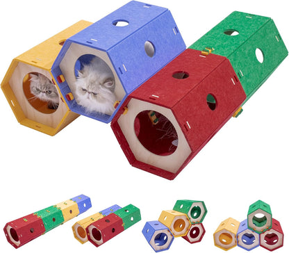 Cat Tunnel Bed, for Indoor Cats, DIY Transformable Pet Tunnel Tube, 8 Way Hiding Large Washable Kitty Play Toy, Puppy Circle House, Expandable Hideaway Peekaboo Kitten/Rabbit Cave, Hideout Cube, 1 Set