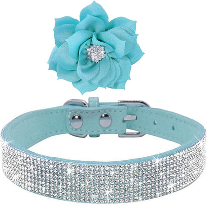 Serijoars Small Dog Collar with Rhinestone Crystal Diamond Colorful Bling Girl Puppy Cat Collars (M, Light Blue6)