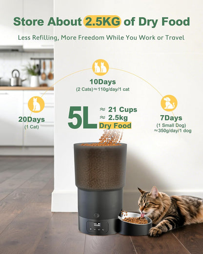Gimars 5L/20 Cups Automatic Cat Feeder, Programmable 1-6 Meals Cat Food Dispenser with Stainless Steel Bowl, Easy Setup, Dual Power Supply,10s Meal Call Timed Pet Feeder for Cats and Small Dogs
