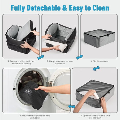 EASTBLUE Dog Car Seat for Small Medium Dogs Up to 35 lbs, 2 Memory Foam Pads Dog Booster Car Seat with Seatbelt, Washable Pet Carseat for Puppy & Cat, Dogs Travel Bed for Cars (Black/Grey)