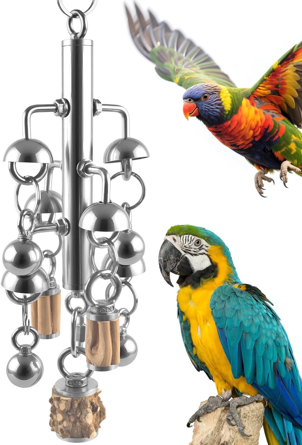 KATUMO Large Bird Toys, Natural Wooden and 304 Stainless Steel Bell Toy for Parrots, 1.46 LB Heavy Birds Cage Toy for Amazon Parrot, African Greys, Budgies, Lovebirds, Cockatiels,Cockatoo