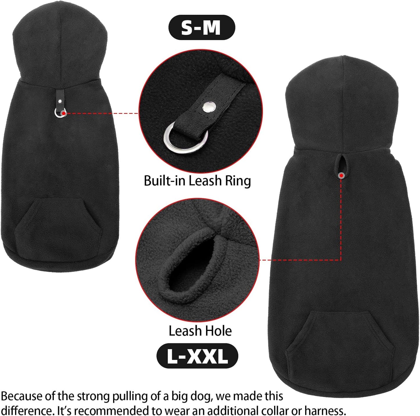 EXPAWLORER Dog Hoodie Fleece Sweater Vest, Hooded Dog Sweatshirt Fall Winter Pet Clothes with Leash Hole, Sleeveless Warm Cozy Puppy Clothing for Cat Small Medium Large Dogs Girl Boy, Black XL