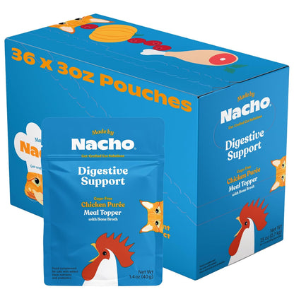 Made by Nacho Digestive Support Cage-Free Chicken Puree Meal Topper with Bone Broth, Add Digestion Support to Dry Cat Food and Kibble, Hydration and High Fiber, Limited Ingredients, 36 Count