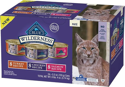 Blue Buffalo Wilderness High Protein, Natural Adult Pate Wet Cat Food Variety Pack, Chicken, Salmon, Turkey 5.5-oz can (24 count - 8 of Each Flavor)