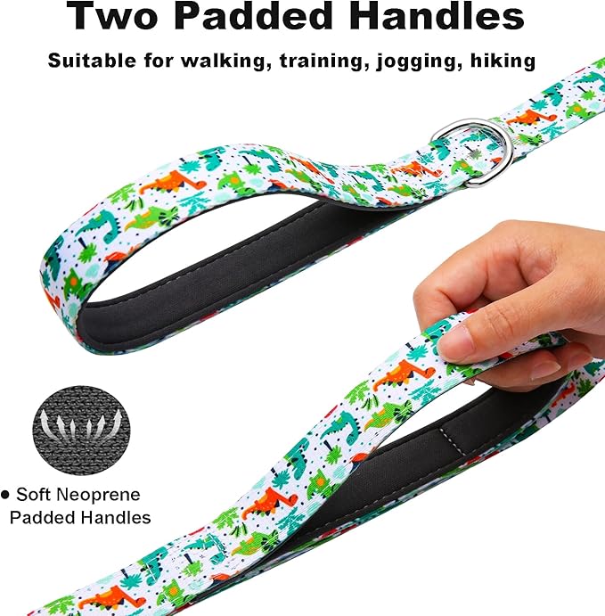 4 Foot Dog Leash for Medium Large Dogs, Double Handle Dog Leash with Padded Traffic Control Handles, Walking Training Lead, Dinosaur